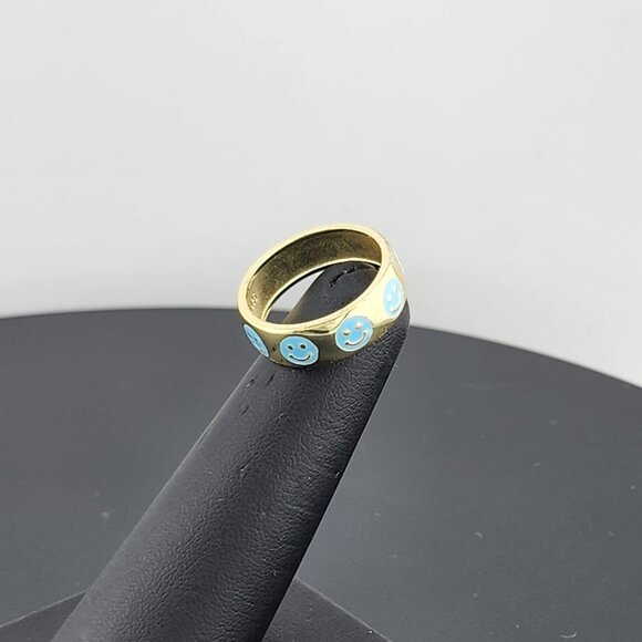 Happy Vibes: 925 Silver Blue Smiley Face Ring - Picture 1 of 8